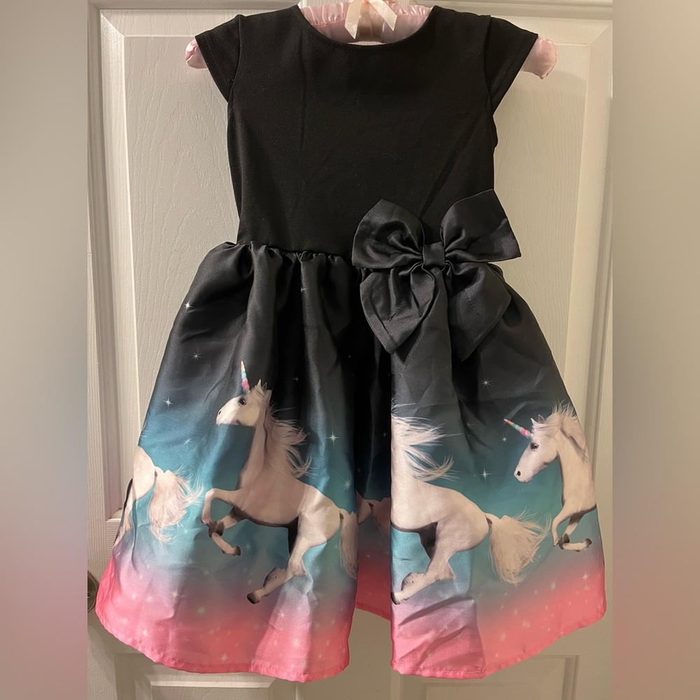 H&M 🦄 Girls Black Flared Skirt Unicorn Dress 💜💗🖤